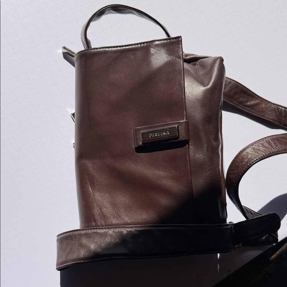 Perlina Leather Crossbody Bag with Front Logo Plaque - Dark Brown - Picture 2 of 9